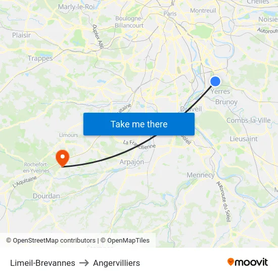 Limeil-Brevannes to Angervilliers map