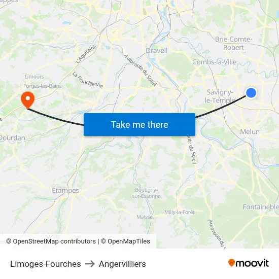 Limoges-Fourches to Angervilliers map