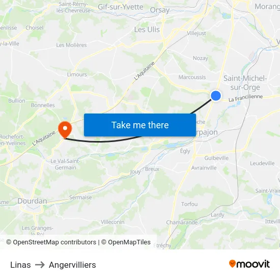 Linas to Angervilliers map