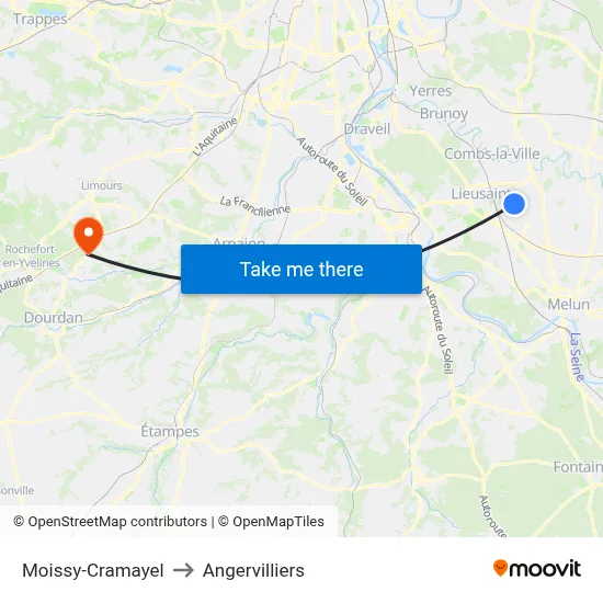 Moissy-Cramayel to Angervilliers map