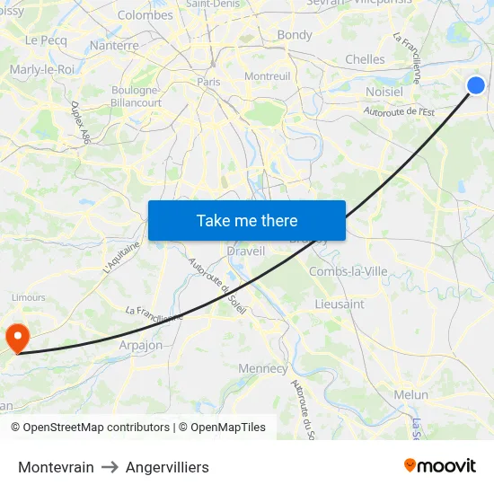 Montevrain to Angervilliers map