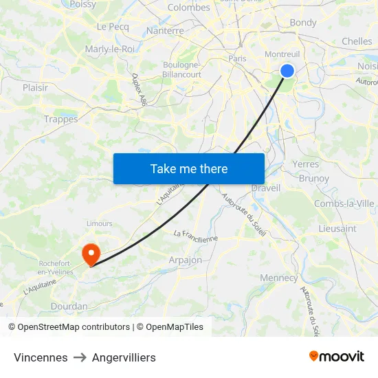 Vincennes to Angervilliers map