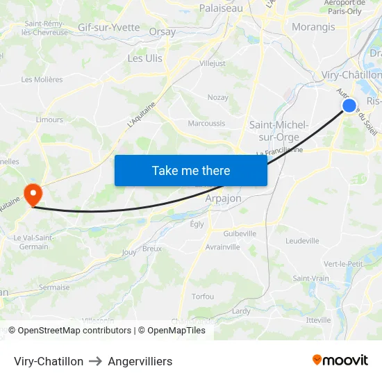 Viry-Chatillon to Angervilliers map