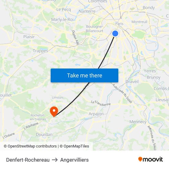 Denfert-Rochereau to Angervilliers map