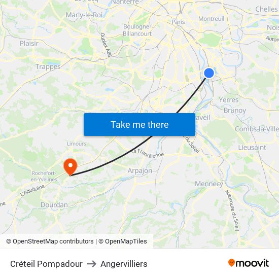 Créteil Pompadour to Angervilliers map