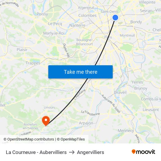La Courneuve - Aubervilliers to Angervilliers map