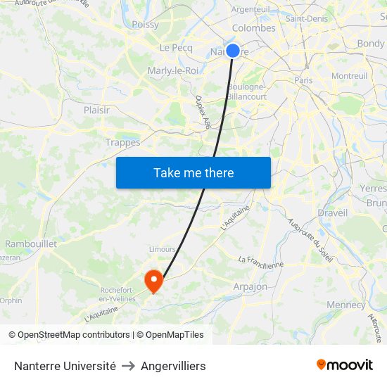 Nanterre Université to Angervilliers map