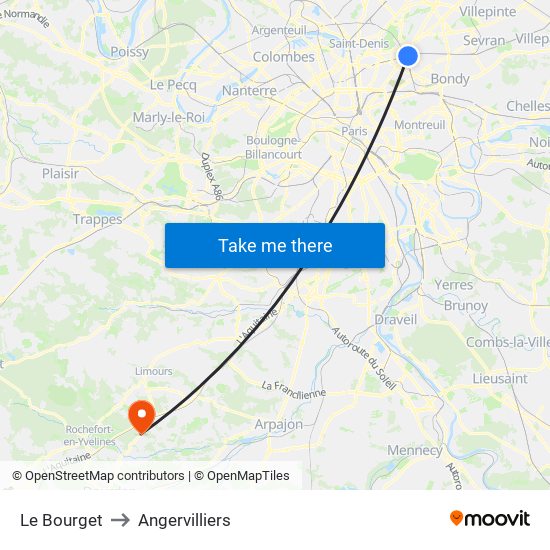 Le Bourget to Angervilliers map