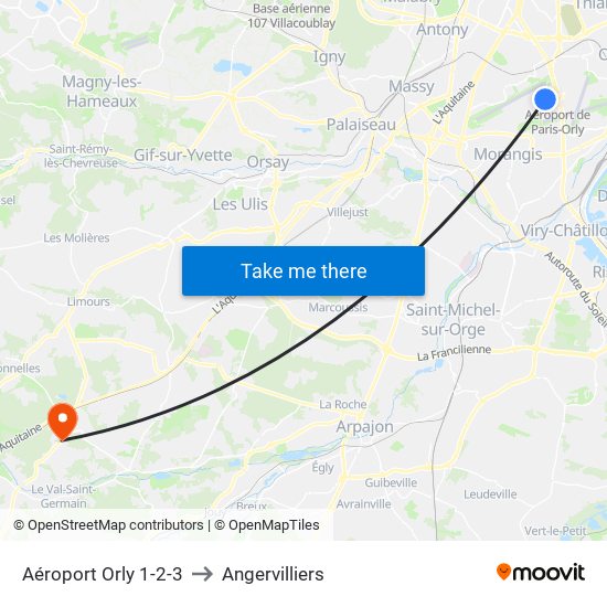 Aéroport Orly 1-2-3 to Angervilliers map