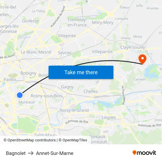 Bagnolet to Annet-Sur-Marne map