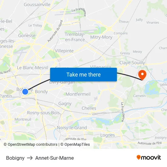 Bobigny to Annet-Sur-Marne map