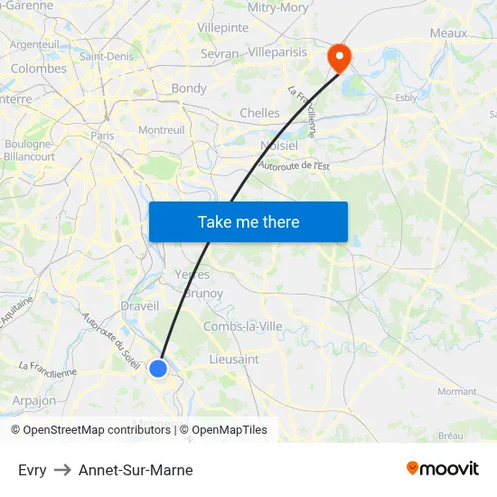 Evry to Annet-Sur-Marne map