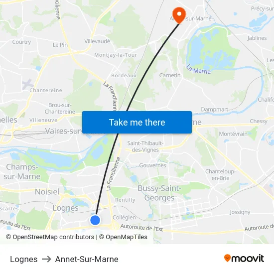 Lognes to Annet-Sur-Marne map