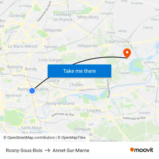 Rosny-Sous-Bois to Annet-Sur-Marne map