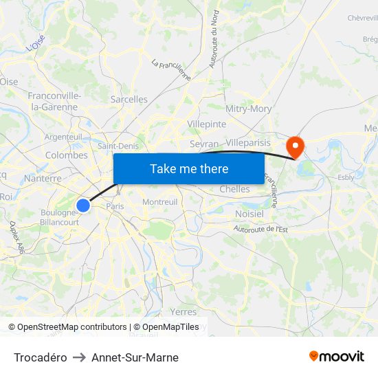 Trocadéro to Annet-Sur-Marne map