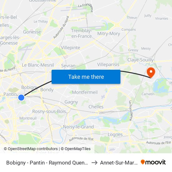 Bobigny - Pantin - Raymond Queneau to Annet-Sur-Marne map