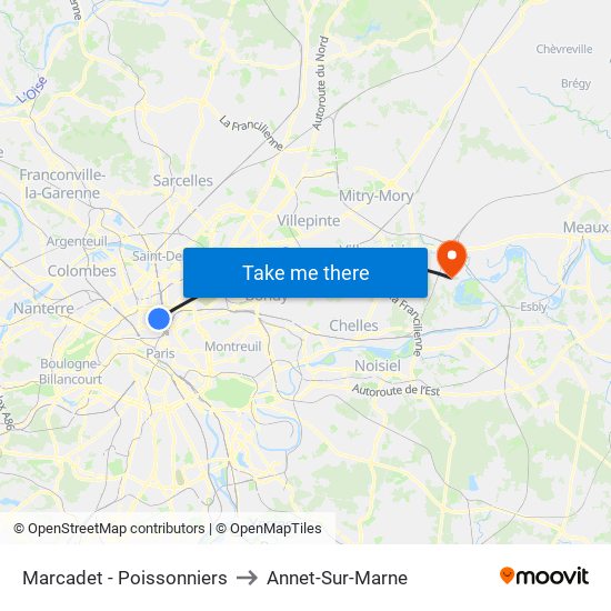 Marcadet - Poissonniers to Annet-Sur-Marne map