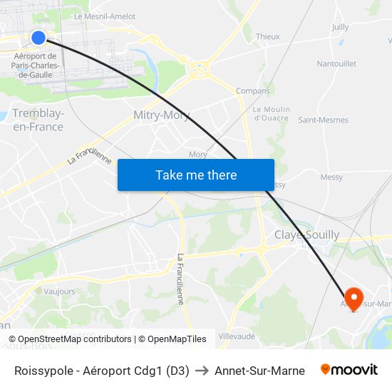 Roissypole - Aéroport Cdg1 (D3) to Annet-Sur-Marne map