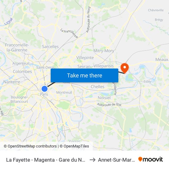 La Fayette - Magenta - Gare du Nord to Annet-Sur-Marne map