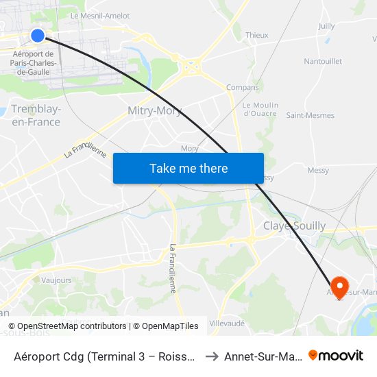 Aéroport Cdg (Terminal 3 – Roissypôle) to Annet-Sur-Marne map