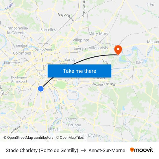 Stade Charléty (Porte de Gentilly) to Annet-Sur-Marne map