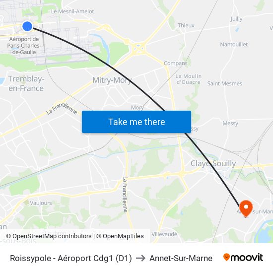 Roissypole - Aéroport Cdg1 (D1) to Annet-Sur-Marne map