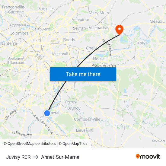 Juvisy RER to Annet-Sur-Marne map