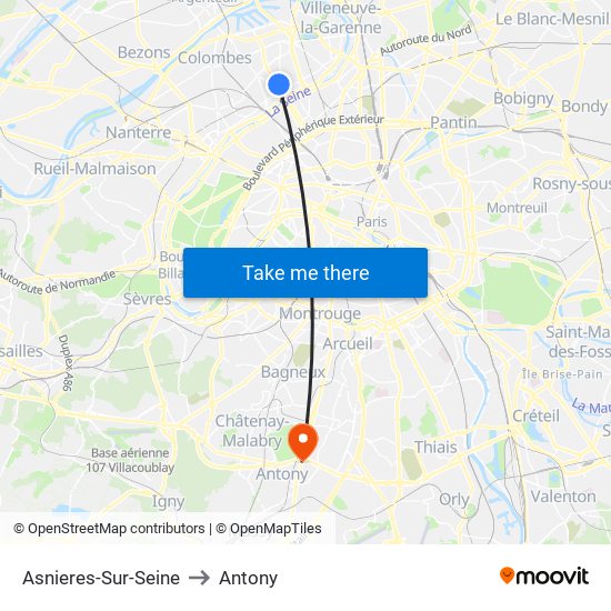 Asnieres-Sur-Seine to Antony map