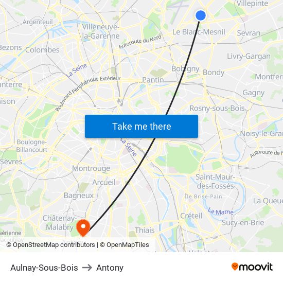 Aulnay-Sous-Bois to Antony map