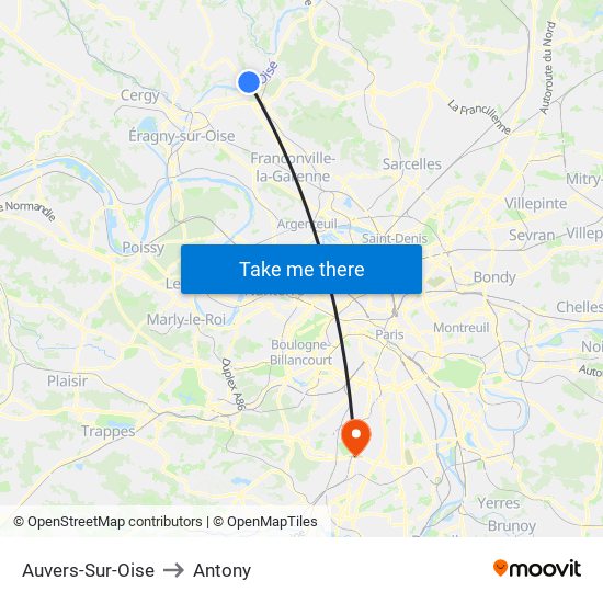 Auvers-Sur-Oise to Antony map