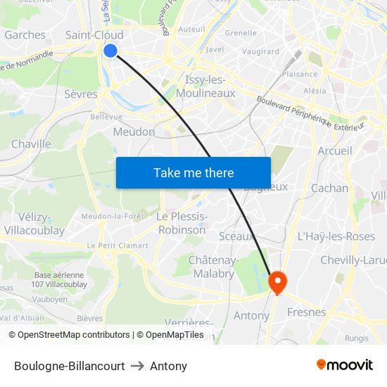 Boulogne-Billancourt to Antony map