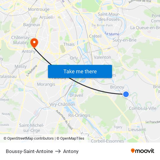 Boussy-Saint-Antoine to Antony map