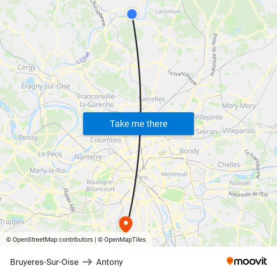 Bruyeres-Sur-Oise to Antony map