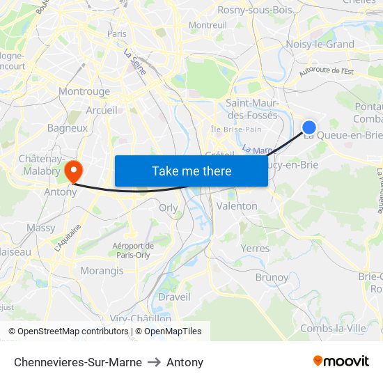 Chennevieres-Sur-Marne to Antony map