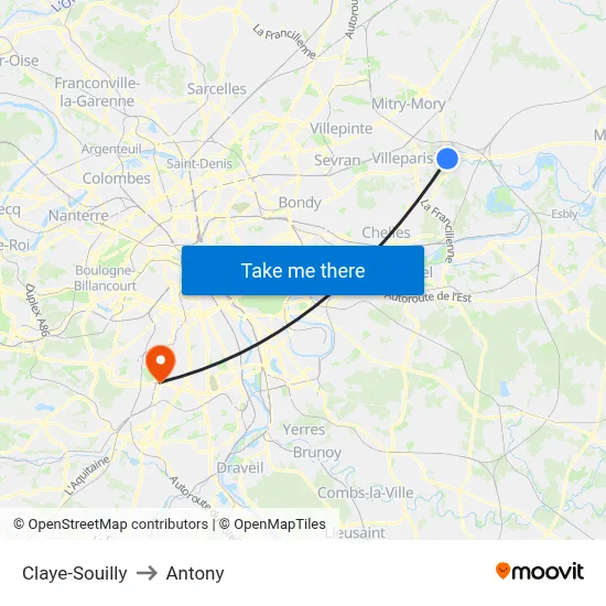 Claye-Souilly to Antony map