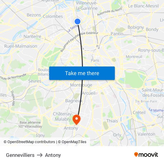Gennevilliers to Antony map