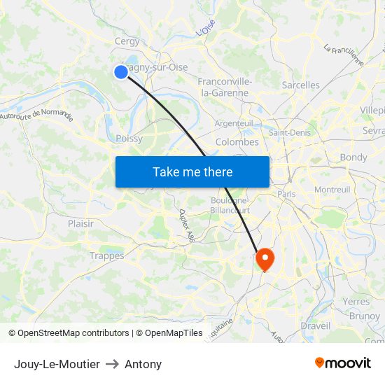 Jouy-Le-Moutier to Antony map