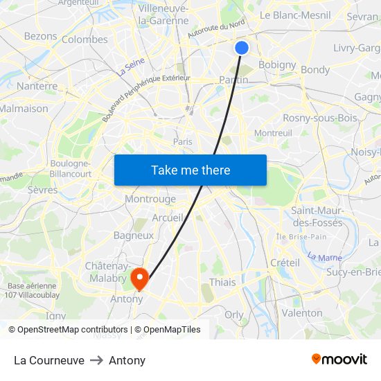 La Courneuve to Antony map