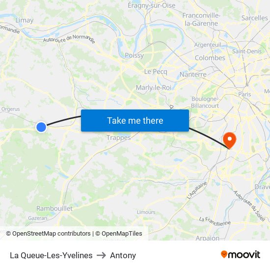 La Queue-Les-Yvelines to Antony map