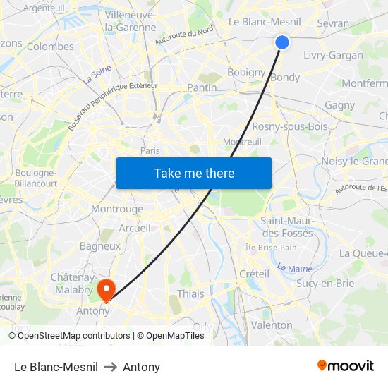 Le Blanc-Mesnil to Antony map