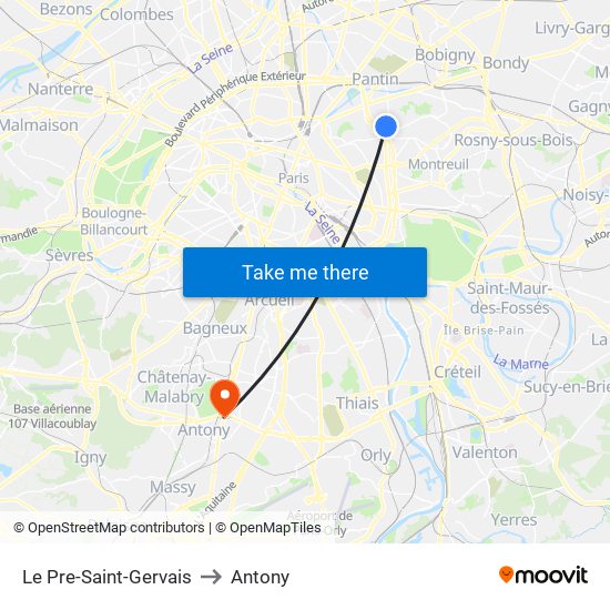 Le Pre-Saint-Gervais to Antony map