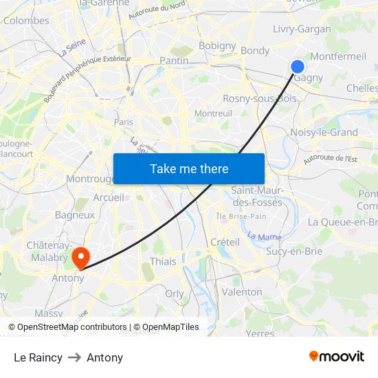 Le Raincy to Antony map