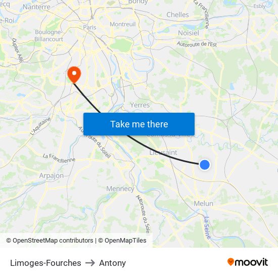 Limoges-Fourches to Antony map