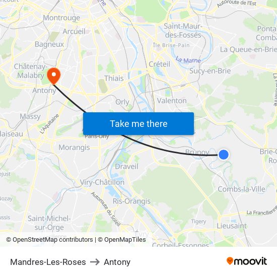 Mandres-Les-Roses to Antony map