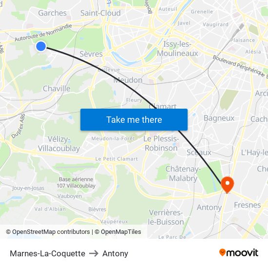 Marnes-La-Coquette to Antony map