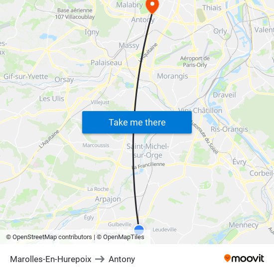 Marolles-En-Hurepoix to Antony map