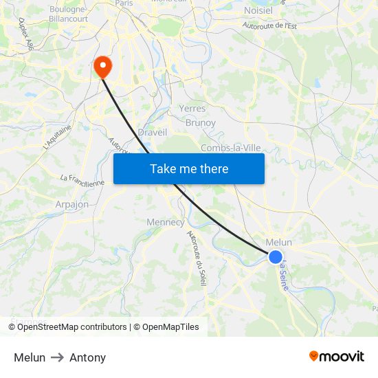 Melun to Antony map