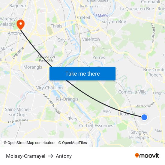 Moissy-Cramayel to Antony map