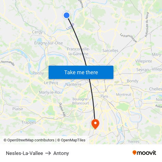 Nesles-La-Vallee to Antony map