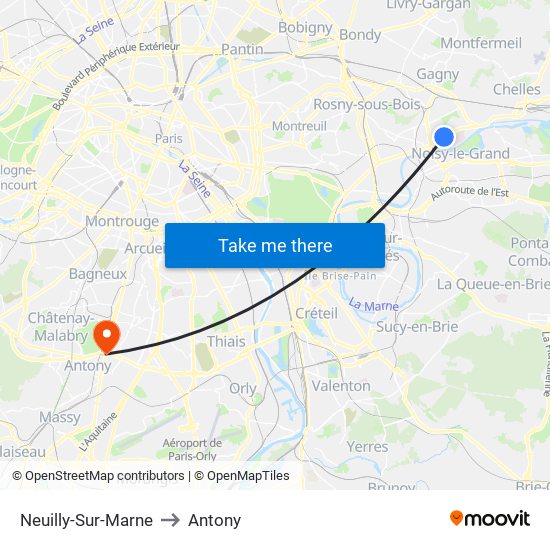 Neuilly-Sur-Marne to Antony map